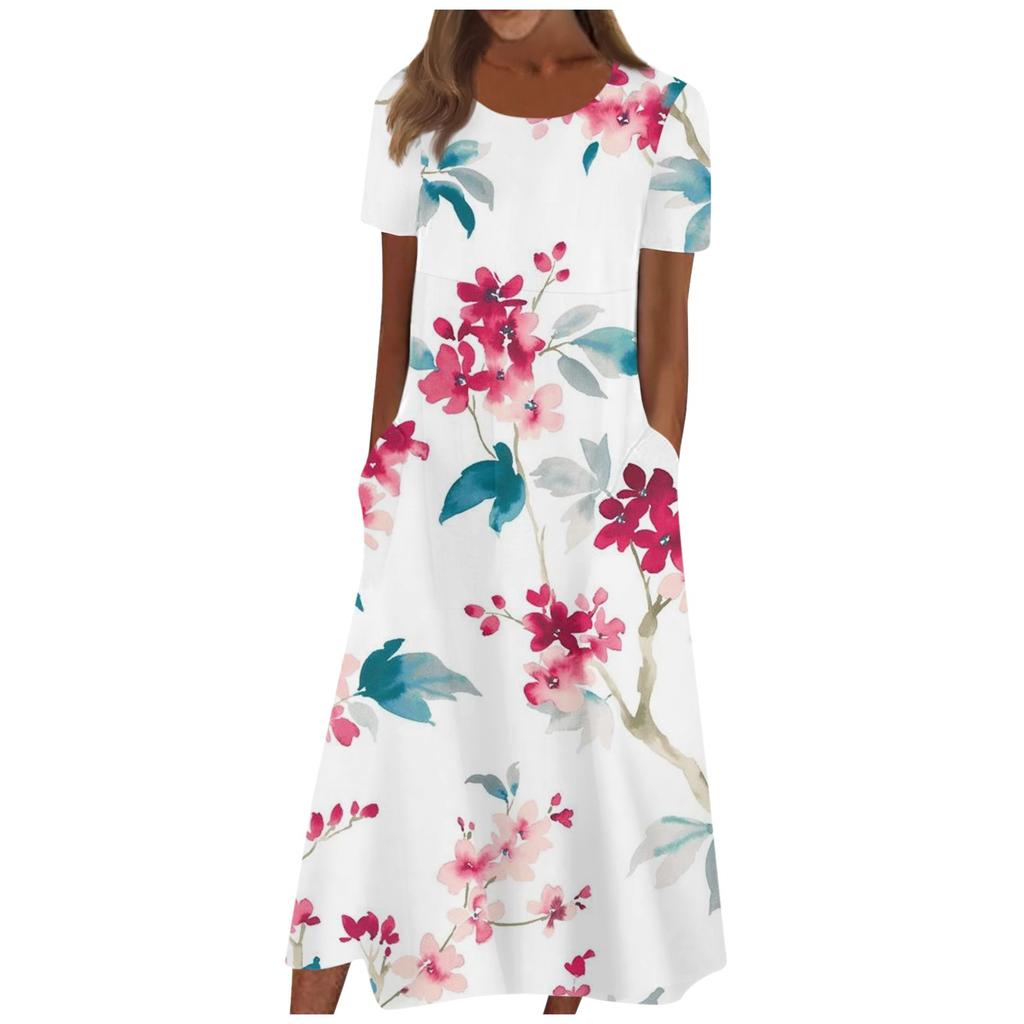 Women's Summer Casual Fashion Floral Print Short Sleeve Round Neck Pocket Dress