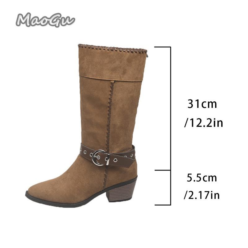 Модная пряжка ремня Высокий каблук Западные полусапоги Женские 2025 Осень Зима Замшевые Винтажные Рыцарские сапоги Размер 35-42 Bottes Femmes Черный