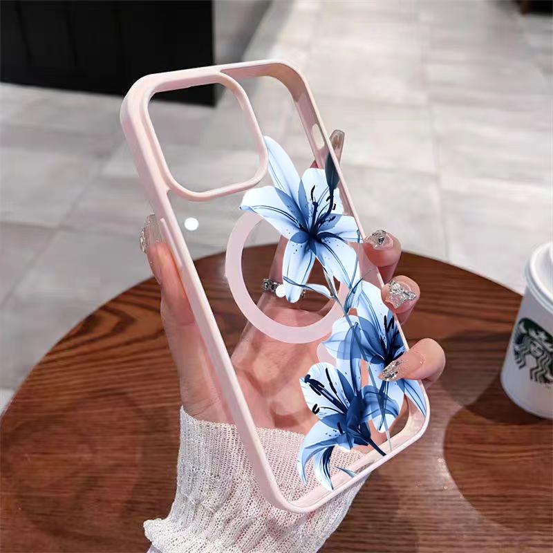 Прозрачный магнитный чехол для телефона 'Синяя Лилия Шепот' для Samsung Galaxy S25 S24 S23 S22 Ultra Plus S26 FE для беспроводной зарядки