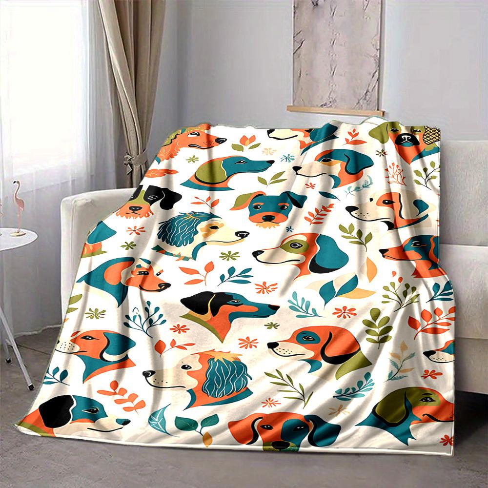 1pc Dogs Floral Lightweight Flannel Blanket, Comfortable and Warm Blanket, for Office and Camping Sofa Bed, Livingroom124