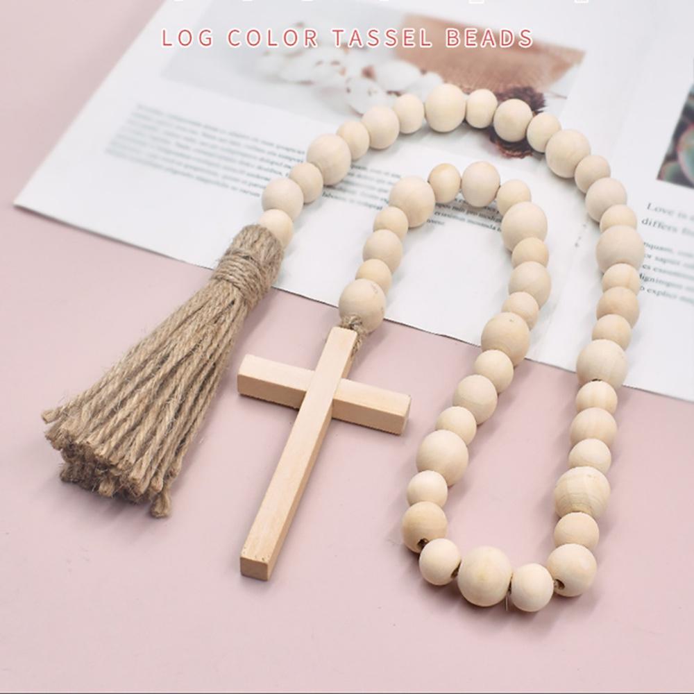 Wood Bead Garland with Tassels Farmhouse Beads Religious Wood Bead