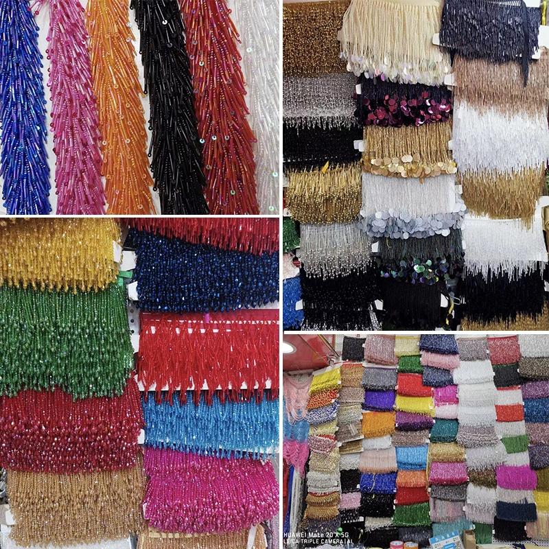 Factory Sell 20cm Hand Made 30 Colors Available Glass Beads Crystal Fringe Tassel Light Siam Red for Dress