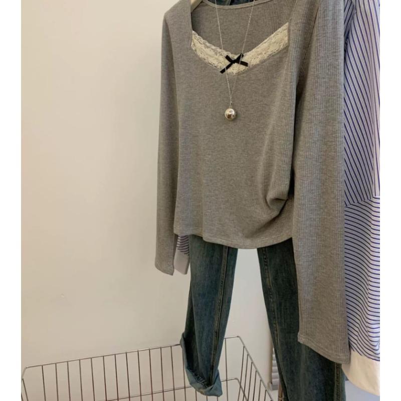 Кружевная лоскутная футболка с длинным рукавом для женщин, тонкие серые хлопковые футболки с бантом и v-образным вырезом, осенние повседневные милые милые топы Harajuku Y2k