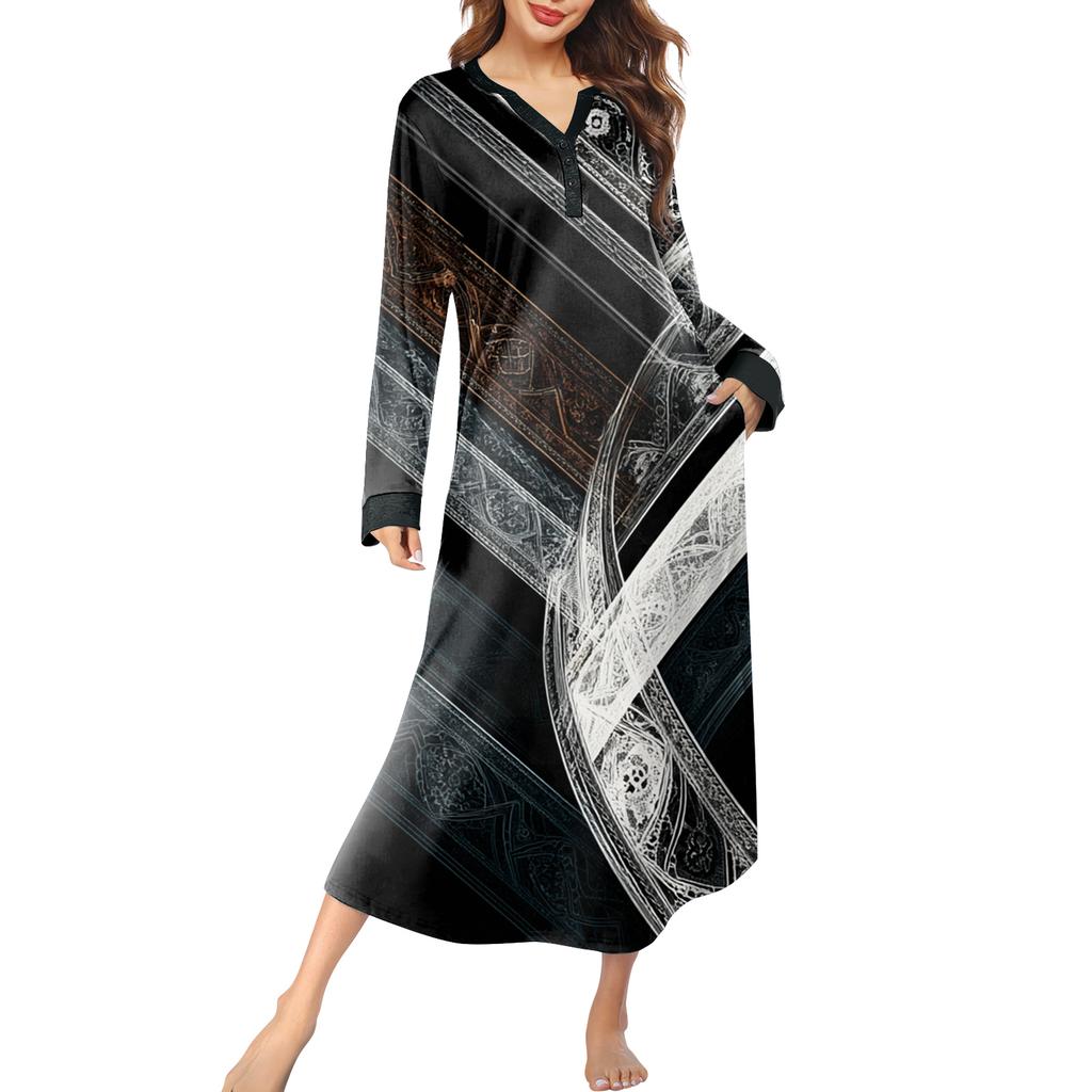 Женская ночная сорочка длинная домашняя одежда с V-образным вырезом и карманами