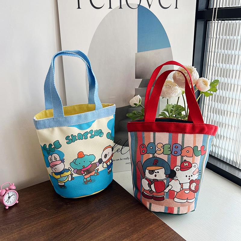 Прекрасная сумка-ведро с мультяшным принтом, портативная холщовая сумка-тоут, студенческая сумка-цилиндр для обеда