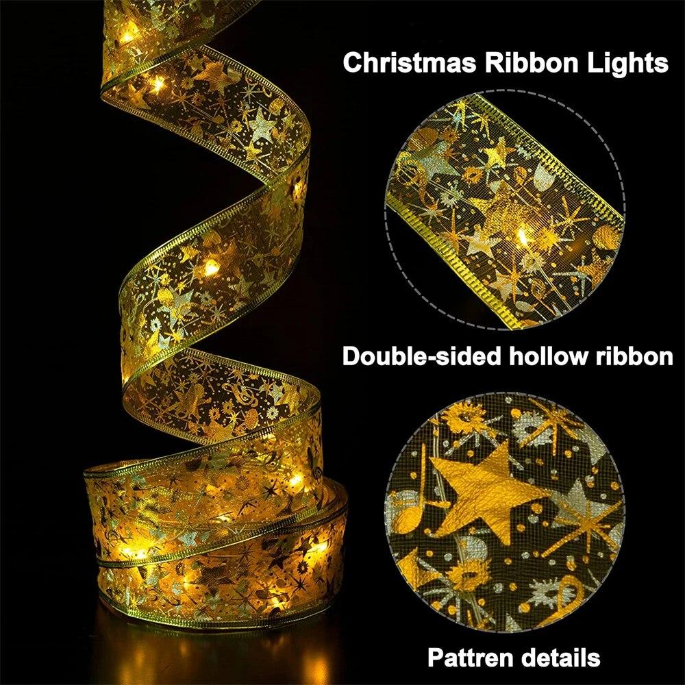 LED Ribbon Fairy Lights Christmas Tree Ornaments Lamp String Lights Lace Bow For Navidad Home New Year Christmas Decoration
