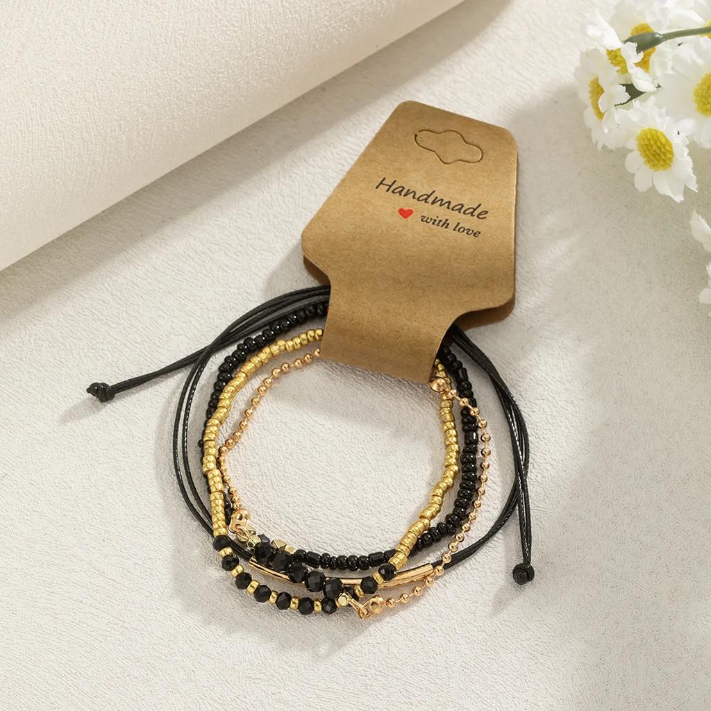 Handmade Black Glass Stone Bracelet Set For Women Simple Braided Rope Beads Chain Bangle Female Fashion Jewelry Accessories