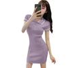 Women Dress Temperament Lapel Knit High Waist Bag Short Sleeve Hip Slim Dress