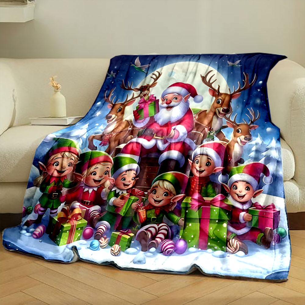 Santa and Elves with Reindeer print blanket soft and cozy perfect for the living room bed sofa or a nap,gift
