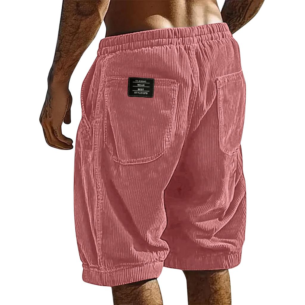 Mens Corduroy Shorts Relaxed Fit Elastic Waistband Patch Pocket Design Casual Knee Length Trousers for Everyday Wear
