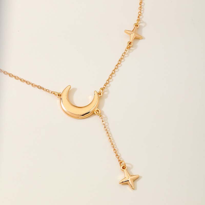 Gold Silver Star Moon Pendant Necklace For Women Simple Metal Long Tassel Cross Chain Necklace Jewelry