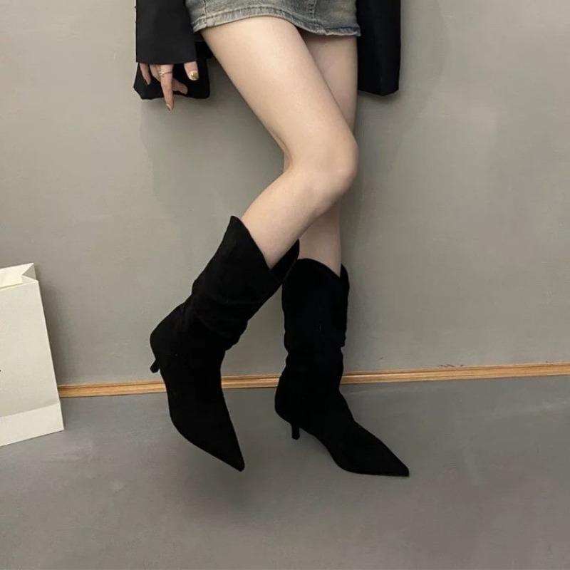 Fashion 2024 Spring and Autumn New Matte Leather Pointed Solid Color Fashion Versatile Comfortable Women's Mid Top Boots Single Boot