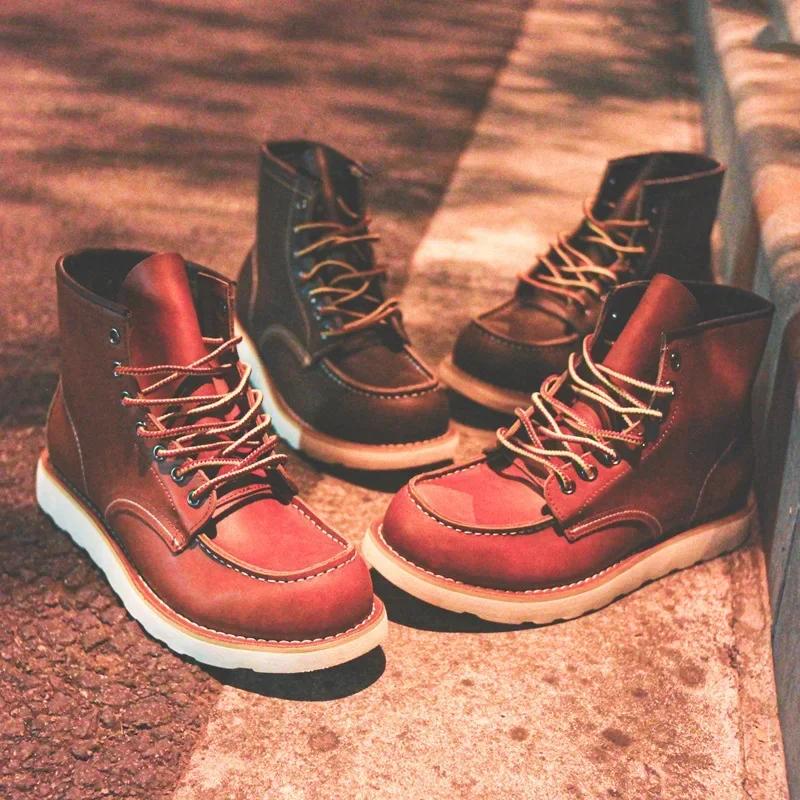 Fashion Genuine Leather Men's Boots Vintage Tooling Boots Women Lovers' Short Boots Woman  Rhubarb Boots Men's Shoes