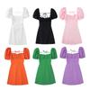 Women Vintage Square Collar Short Puff Sleeves Solid Color Backless With Ties Cotton Mini Dress