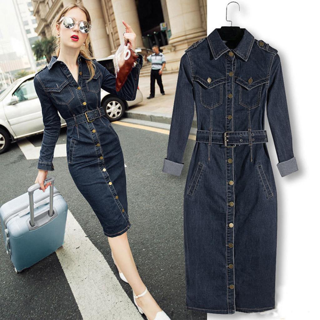 Women Winter Office Slim Jeans Mid-Cuff Dress With Belt For Women Jeans Dress