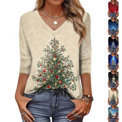 Модный винтажный топ с рукавом 3/4 для женщин, женская повседневная футболка с рукавом три четверти, V-образным вырезом и принтом