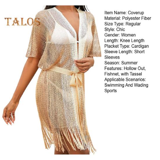 Женское пляжное платье с ажурной сеткой, на шнуровке, с ремешками, пляжная одежда с кисточками, градиентный цвет, накидка с длинным рукавом, защита от солнца, женский купальник-бикини