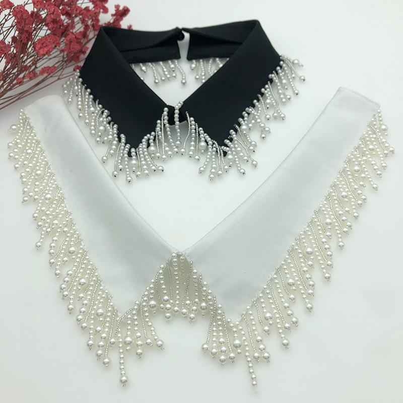 Women White Fake Collar Handmade Beads Detachable Solid Color Shirt False Collar Blouse Women Neckwear Decor