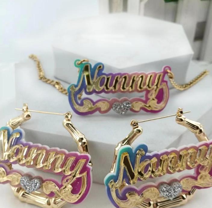 Qiuhan Stainless Steel Rainbow Bamboo Acrylic Name Personalized Jewelry Set Gift for Women Kids Girls