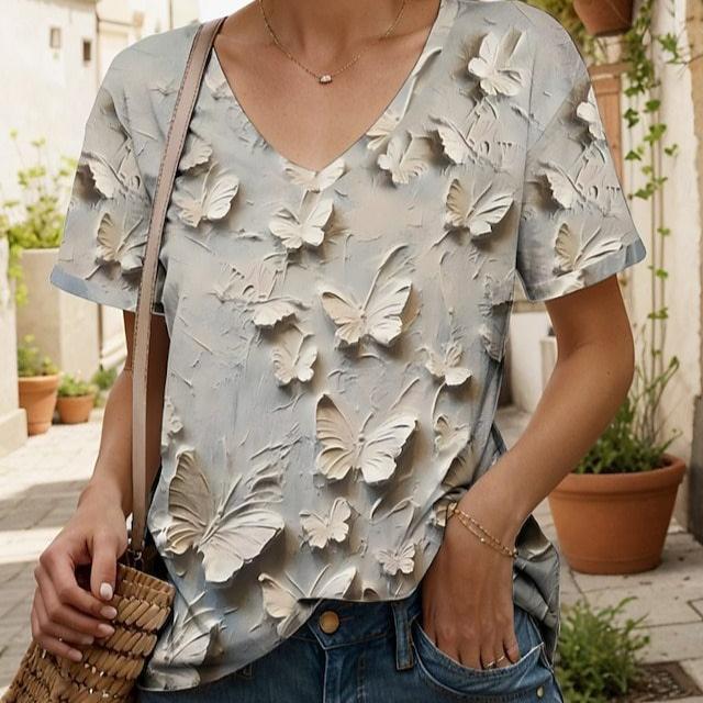 Винтажная женская футболка с цветочным принтом, с коротким рукавом, с V-образным вырезом, топы, удобные футболки