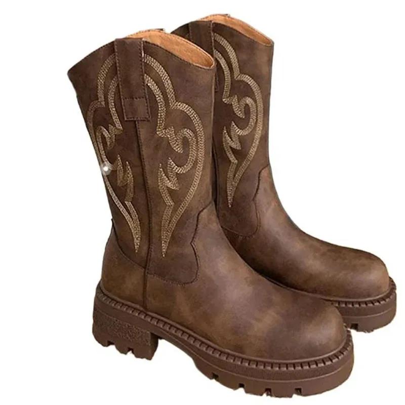 Мода 2024 года, новые кожаные сапоги SyfIyno в стиле вестерн до середины голени с вышивкой, женские осенне-зимние ботильоны, женские сапоги, теплая хлопковая обувь
