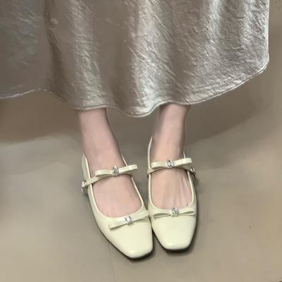 Ocean one французский толстый каблук туфли для通勤 2025 весна квадратный носок бант стразы темперамент туфли Мэри Джейн