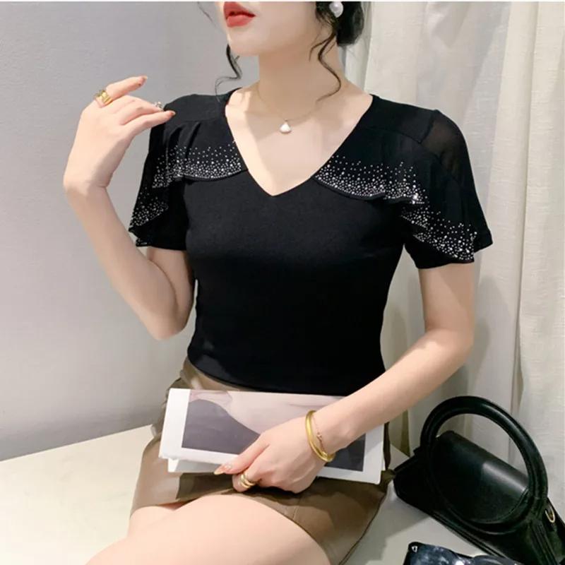 New Summer Streetwear Girl Chic Ruffled Hot Diamonds T-Shirt Fashion V-Neck Short Sleeve Mesh Tops Women's Tees Clothes Blouse