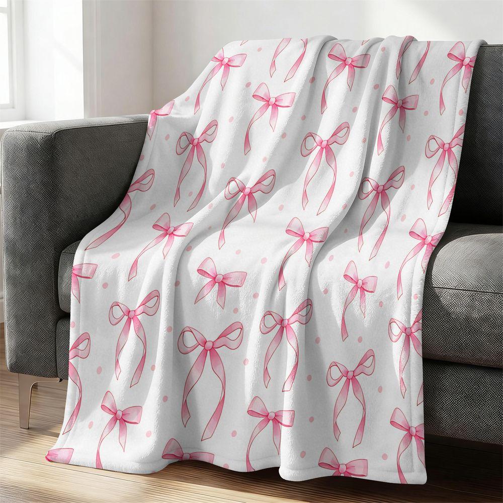 Pink Bow Print Flannel Blanket Soft Throw Blanket Decorative Bedspread Cozy Fleece Blanket Gift Blanket for Home Decor