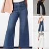 Women Jeans High Waist Stretchy Flared Hem Washed Multi Pockets Solid Color Retro Ankle Length Loose Long Trousers Commute Travel Pants