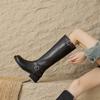 Krazing Pot Cow Skin Square Toe Winter Med Heels Riding Boots Punk Design Women Vintage Square Buckle Thigh High Boots