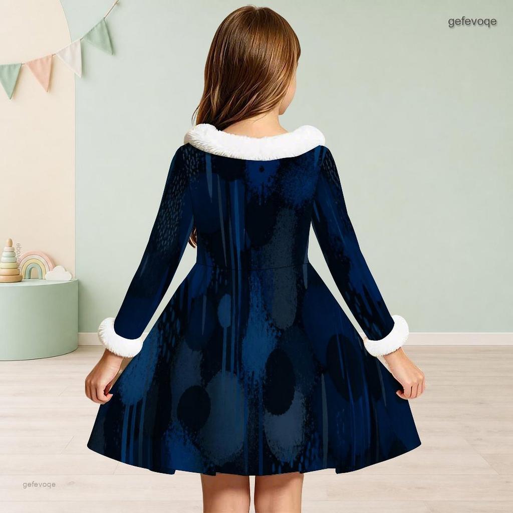 Girls White Fur Trim Long Sleeve Printed Navy Blue A Line Flared Dress