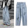 Spring And Autumn New Trendy High Street Cross Patch Embroidered Loose Jeans Hip-hop Straight Casual Trousers Men's Large Size