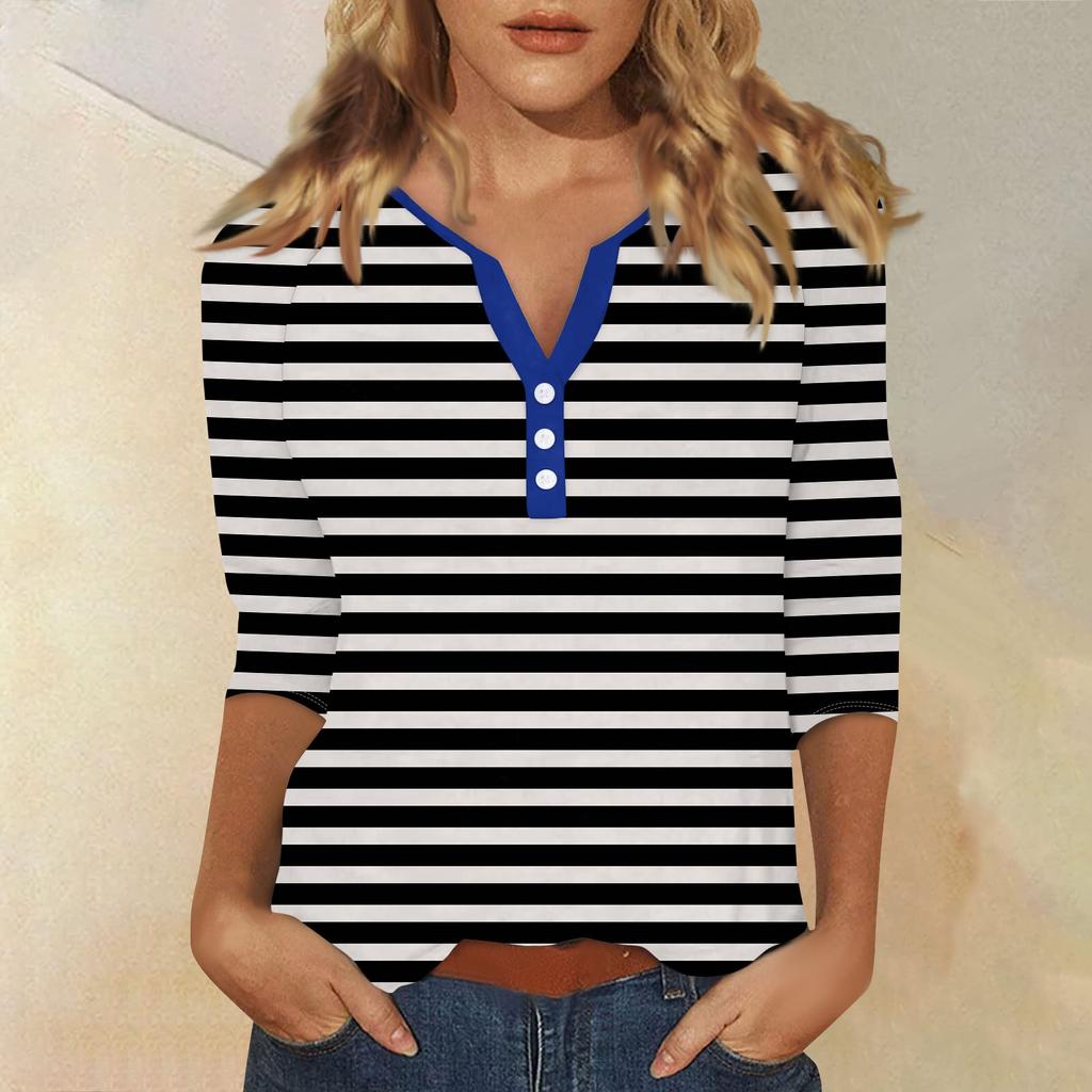 Жен. Футболка Футболка С принтом Пуговицы Рукав 3/4 Повседневные Выходные Мода Классический Классический V-образный вырез Обычный Верх