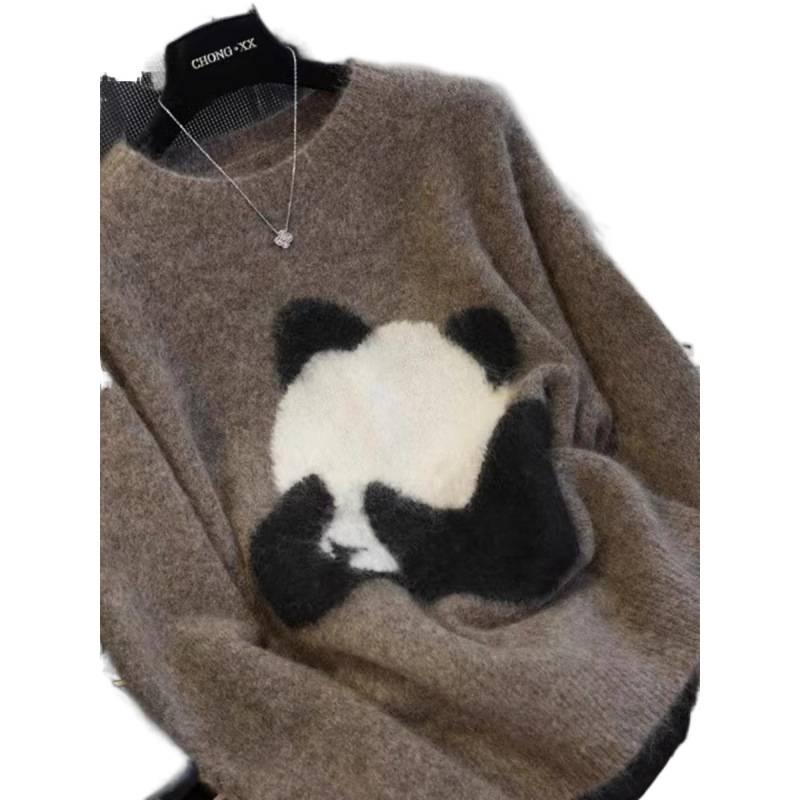 Women's Korean Style Panda Embroidery Cashmere Knitwear: Loose, Drop Shoulder, Round Neck Sweater for Autumn/Winter.