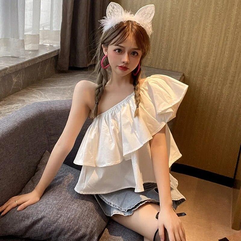 Women's One Shoulder Blouse Ruffled Layered Sleeveless Top Tee Off Shoulder Blouse Pullover T-Shirt Cropped Shirt Solid Color