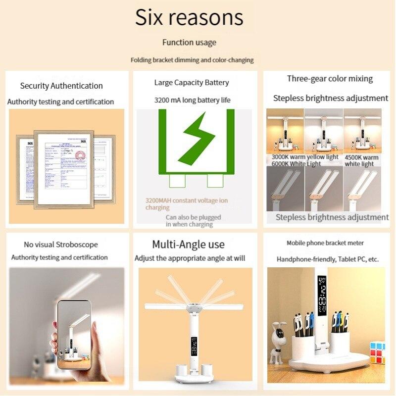 Настольная лампа со светодиодными часами, перезаряжаемая/подключаемая через USB, настольная лампа с регулируемой яркостью, 2 головки, 180, вращающаяся, складная, для защиты глаз, ночник для чтения