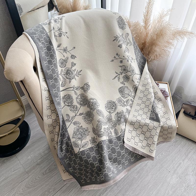 Imitation Cashmere Flowers Retro Simple Texture Printing Double-Sided Warm Scarf Shawl Outer Cover Women