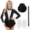 Womens Halloween Ringmaster Costume Contrast Color Long Sleeve Ruffled Tuxedo Dress with Bowtie Hat and Magic Wand Accessories