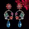 WWJ Flower Bird Модные красочные длинные висячие серьги с кубическим цирконием для женщин