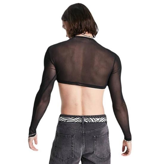 Мужской клубный топ, прозрачная сетка, ультратонкий эластичный топ с длинными рукавами и круглым вырезом, узкая талия, открытая для ночного клуба