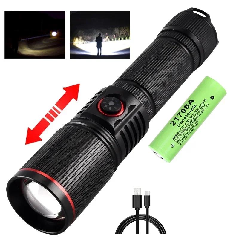 LED Flashlight 18650 or 21700 Battery Zoom Torch Light Lamp Aluminum Alloy White Laser Powerful With Tail Rope Power Indicator
