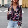 Women's Autumn V Neck Lantern Sleeve Button Elegant Fragmented Blouse Shirt Floral Tops