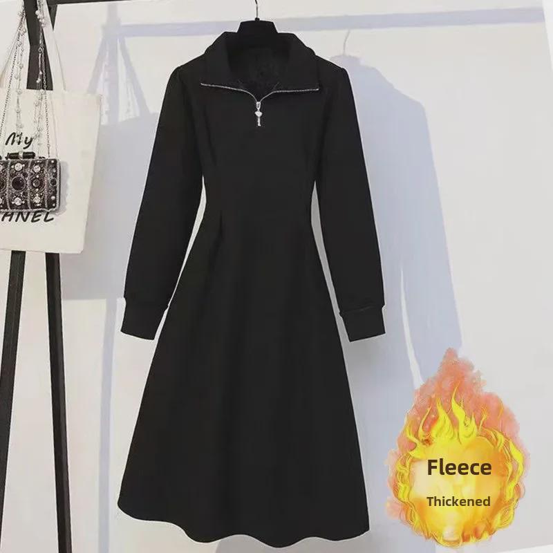 Женское платье-свитер на молнии в корейском стиле больших размеров - плотный бархат, однотонный, повседневная длинная юбка на осень/зиму