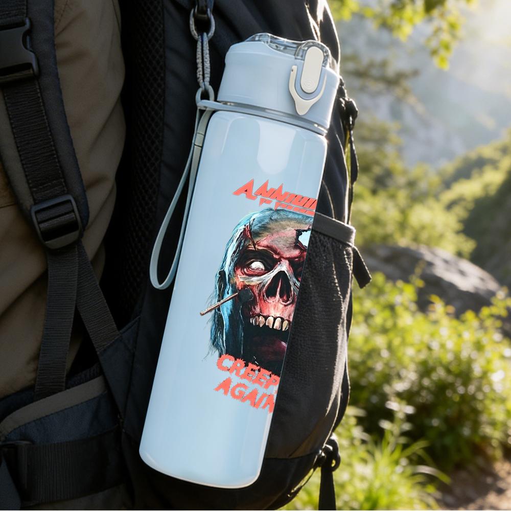 1PC Retro red masked figure band print 750ml colorful plastic sports water bottle leakproof pop up lid with straw for outdoor work home use