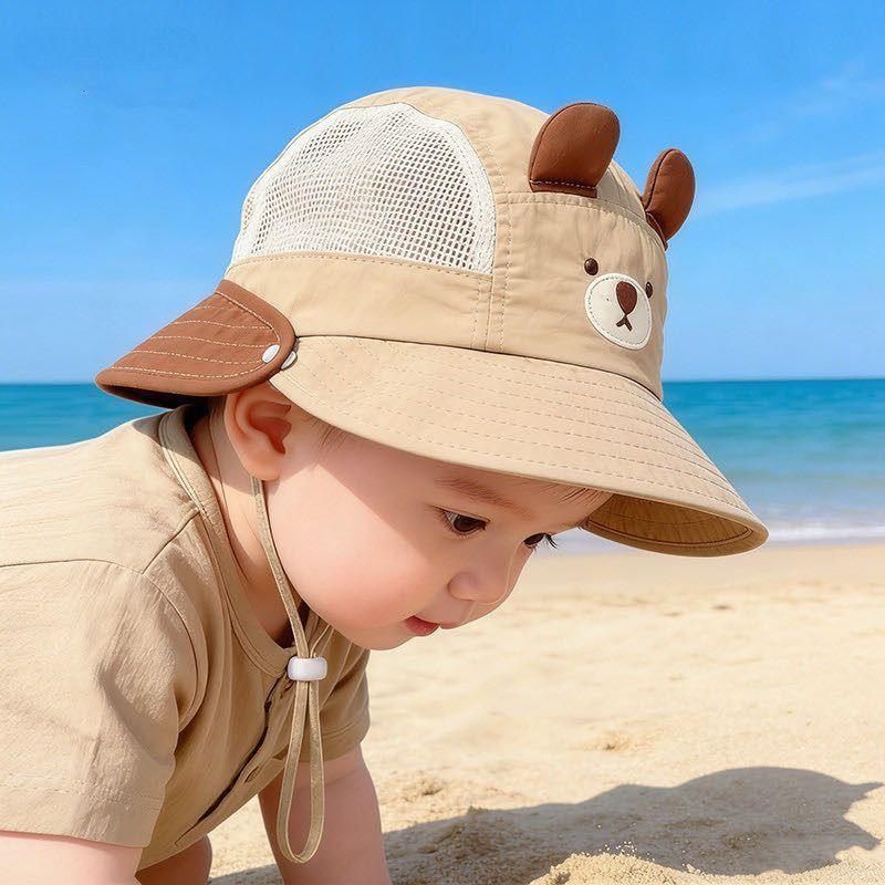 Baby Summer Breathable Mesh Bucket Hat With Removable Neck Flap Large Brim Sun Protection Cute Bear Design For Boys And Girls