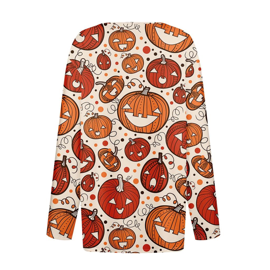 Жен. Футболка Футболка Хэллоуин С принтом Пуговицы Длинный рукав Повседневные Выходные Мода Классический Классический V-образный вырез Обычный Верх
