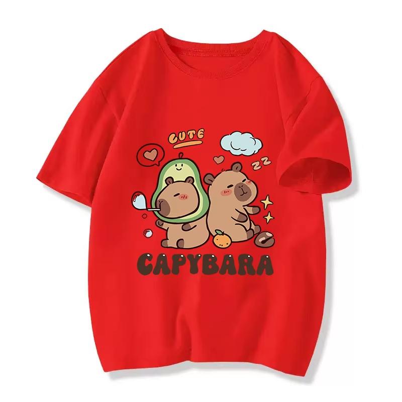 2026 Summer New Personalized Children's T-shirt Soft Cute Kapibala Printed Pure Cotton T-shirt Parent Child Fashion Brand Top