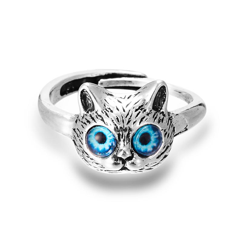 New Cute Silver Color Kitty Cat Animal Rings For Women Girls 3 Color Cat Eyes Open Couple Ring Gothic Wedding Finger Accessories