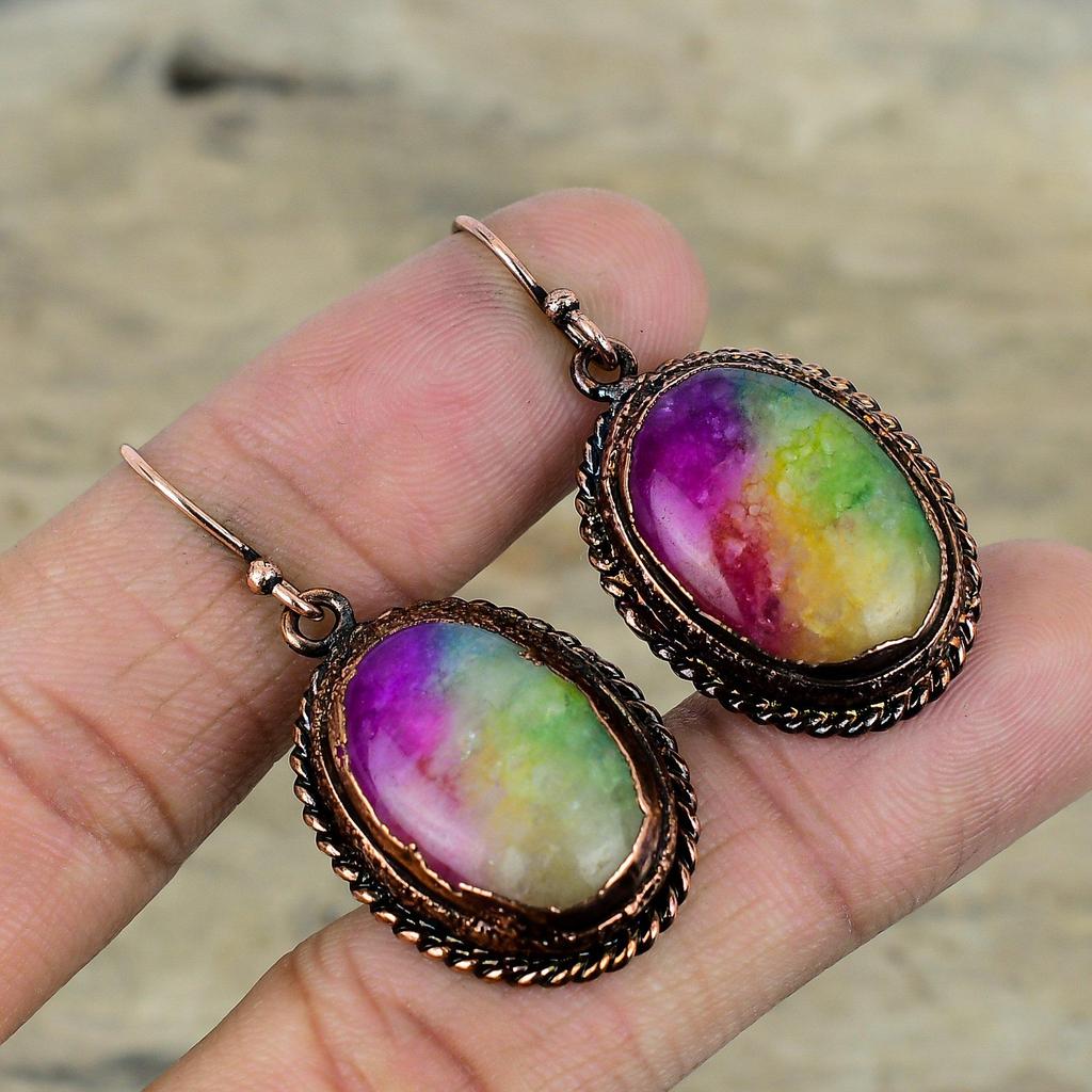 Радужный солнечный кварц друзы серьги гальванопластика медные серьги драгоценный камень серьги ручной работы очень красивые гальванопластика ювелирные изделия подарки для мамы
