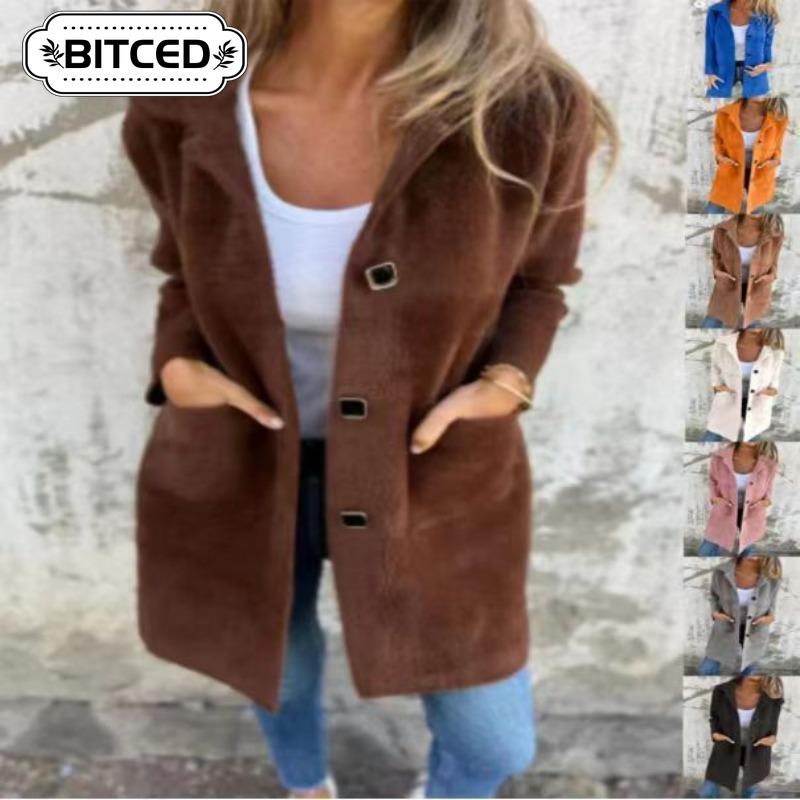 BITCED Женская Винтажная Повседневная Однотонная с Принтом Осень Зима Длинный Рукав Воротник-поло Куртка Уникальные Дизайны & Пальто